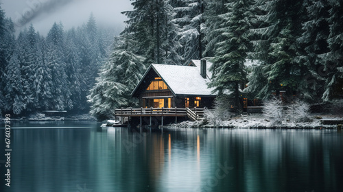 Small house near the lake with forest arount it © Philippova