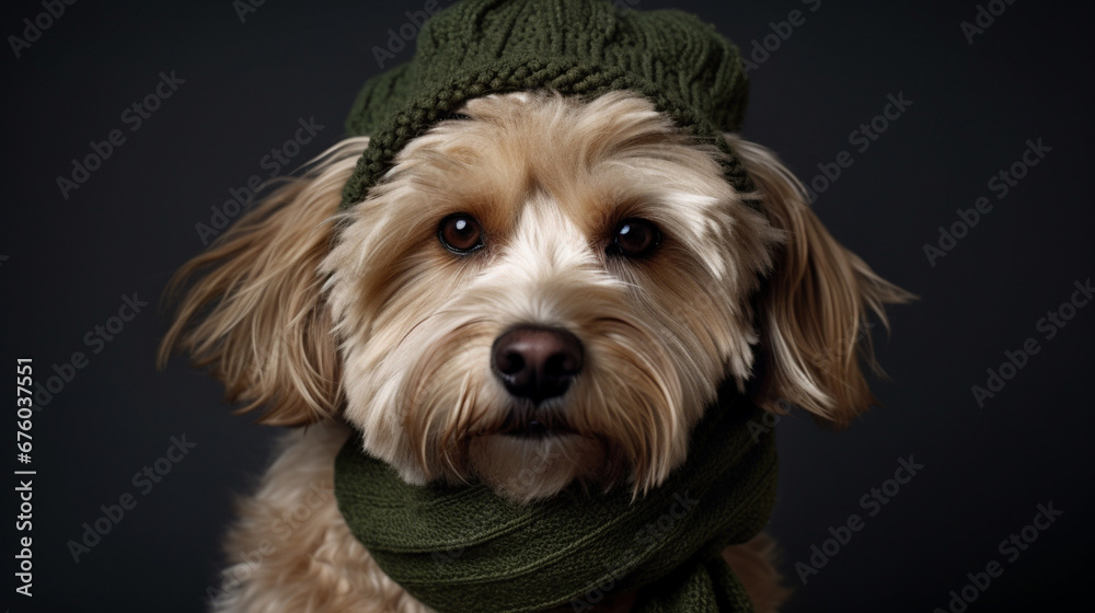 A dog in a scarf and a hat. AI Generated