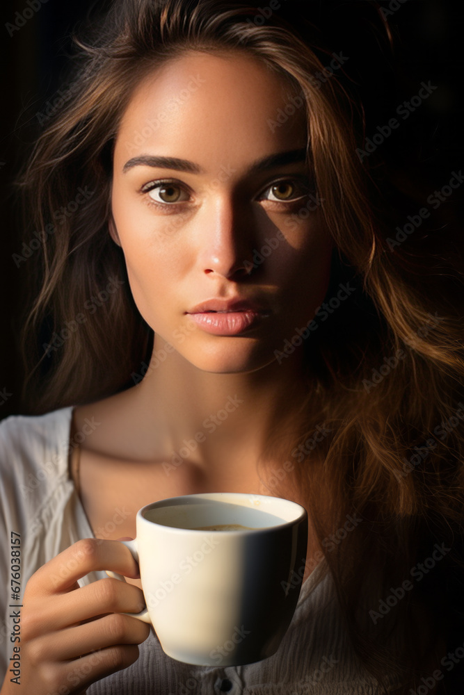 portrait of happy young woman with cup of coffee portrait of happy young woman with cup of coffee