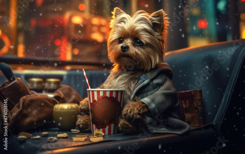 Bored Yorkshire Terrier Engrossed in Film on Television 