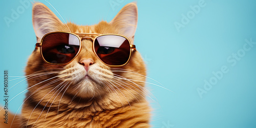 Stylish Ginger Cat with Sunglasses on Light Cyan Wallpaper Background with copy space