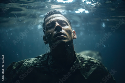 american soldier sinking underwater, suffering from ptsd from combat, mental health wellness, copy space for posters and banners photo