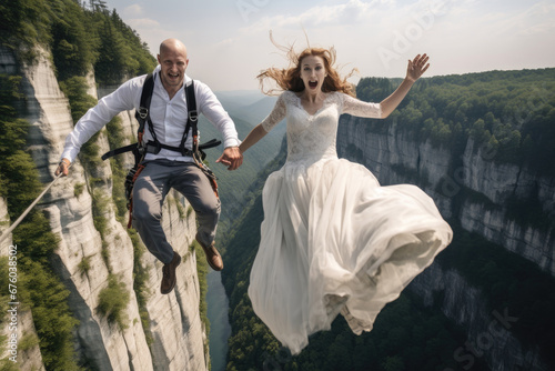 extreme adventure BASE jumping or sky diving wedding day, bride and groom jumping out of a plane or off a cliff with parachutes, i do photo
