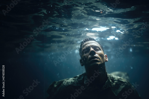 american soldier sinking underwater, suffering from ptsd from combat, mental health wellness, copy space for posters and banners
