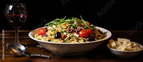 I enjoyed a healthy salad made with orzo risoni and rice pasta tossed with cheese cherry tomatoes red onion and a variety of fresh herbs while sipping a glass of refreshing red wine I used  photo