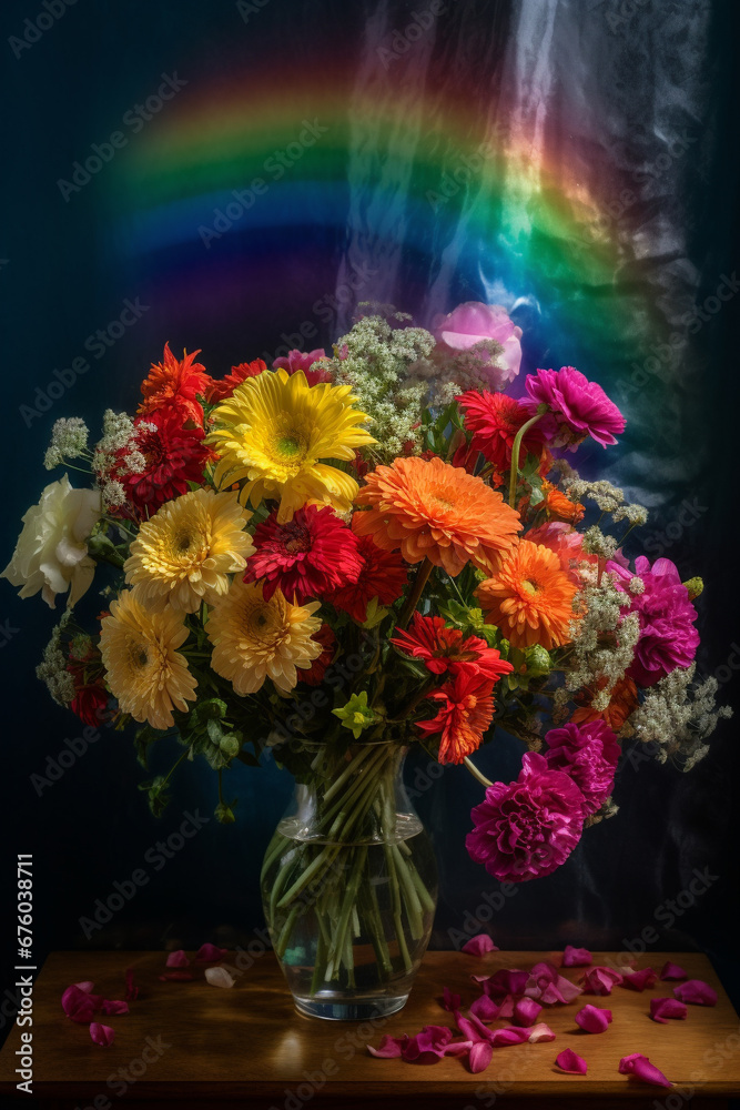 A bouquet of colorful flowers stands in a vase. AI Generated A bouquet of colorful flowers stands in a vase. AI Generated