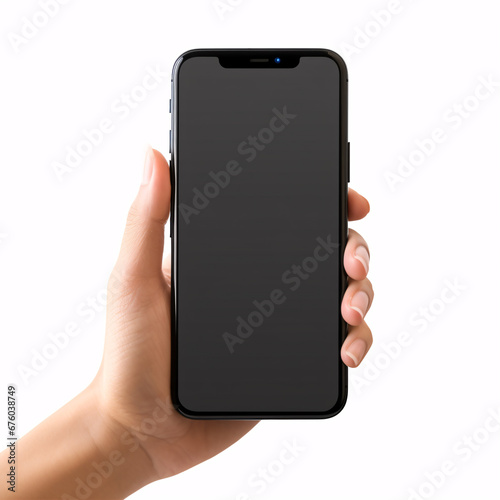 A high-quality studio shot of a woman's hand holding a new, frameless, modern smartphone with a blank white screen, isolated on white.
