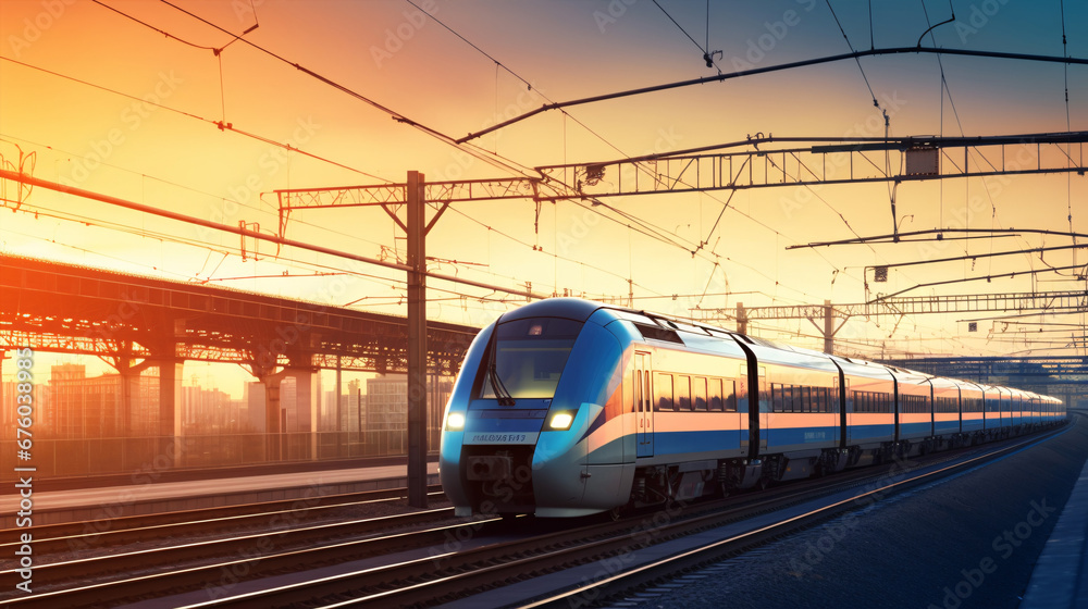 Fototapeta premium A high-speed passenger train, a symbol of modern travel, races through a rustic industrial setting at sunset..