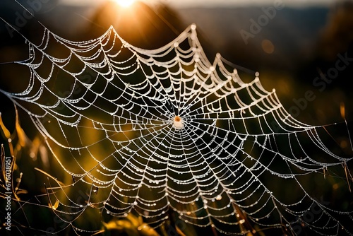 A close-up of a dew-covered spider's web in the e