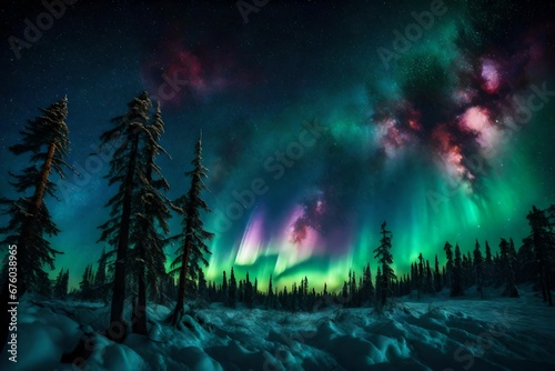 An otherworldly night sky filled with bright, colorful auroras dancing above a tranquil, moonlit forest. --