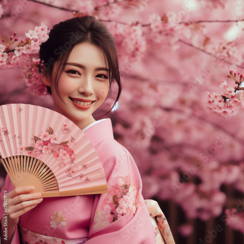 Beautiful woman with sakura flowers. ai generative