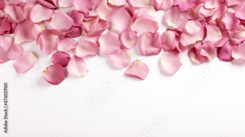 Fragile pink rose petals dehydrated on a pallid backdrop.