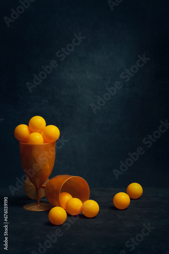 Still life with orange balls in glasses