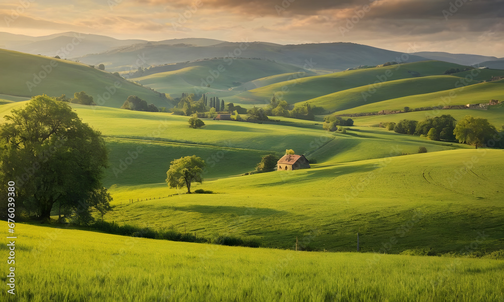 A tranquil countryside scene unveils before the eyes of the beholder