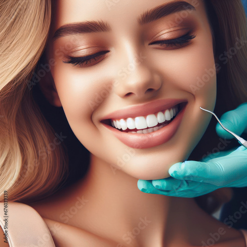 Dental care, beautiful smile of healthy woman, white teeth coloseup, dentist tooth whitening. ai generative
