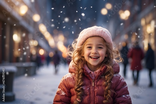 cute little girl is laughing in the stree - snowy winter background. ai generative