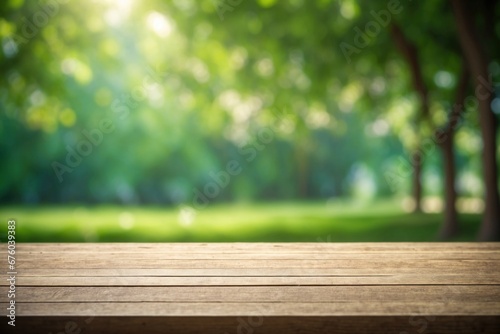 empty table for product showing - Green bokeh Natural background. ai generative