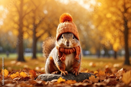 Fall season card with cute squirrel with knitted hat on blurred autumn park landscape. ai generative