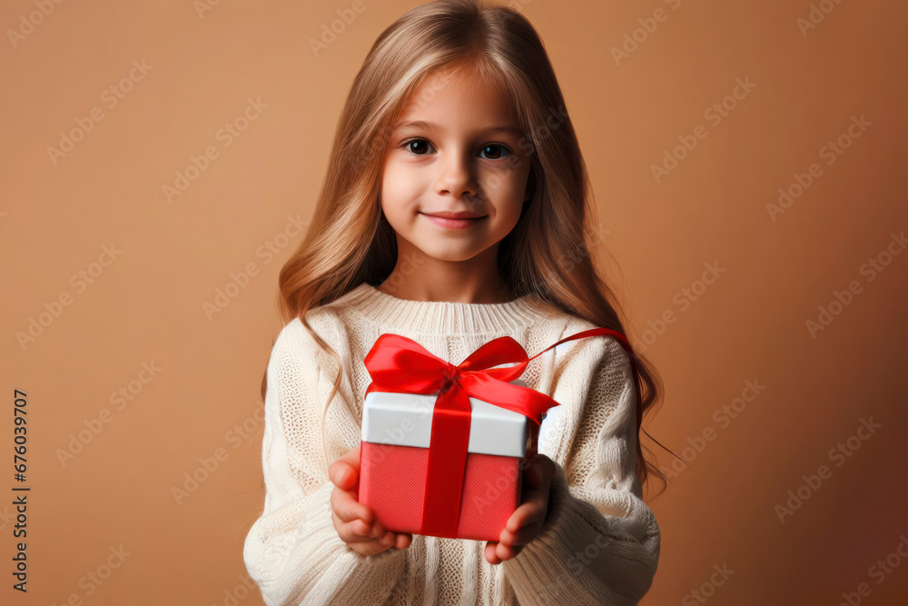 Little girl with gift box on solid background. ai generative Little girl with gift box on solid background. ai generative