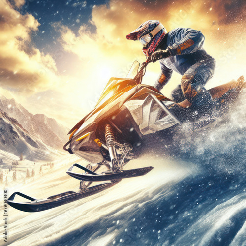 Snowmobile downhill. extreme sports and entertainment. ai generative