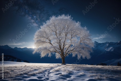 Winter landscape with snow-covered tree and starry sky. ai generative