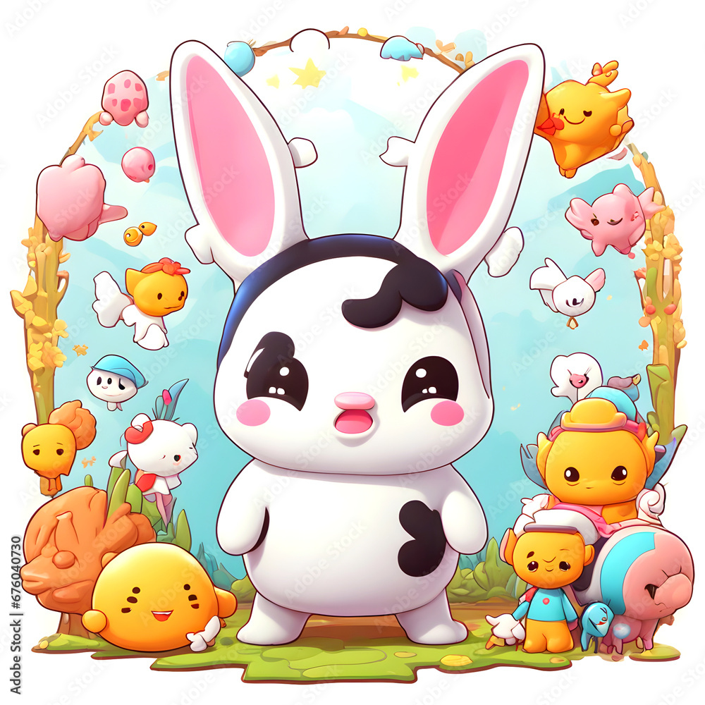 Obraz premium easter bunny and easter eggs in transparent white background,Cartoon Avatar for Digital Content,Character Illustration for Creative Projects