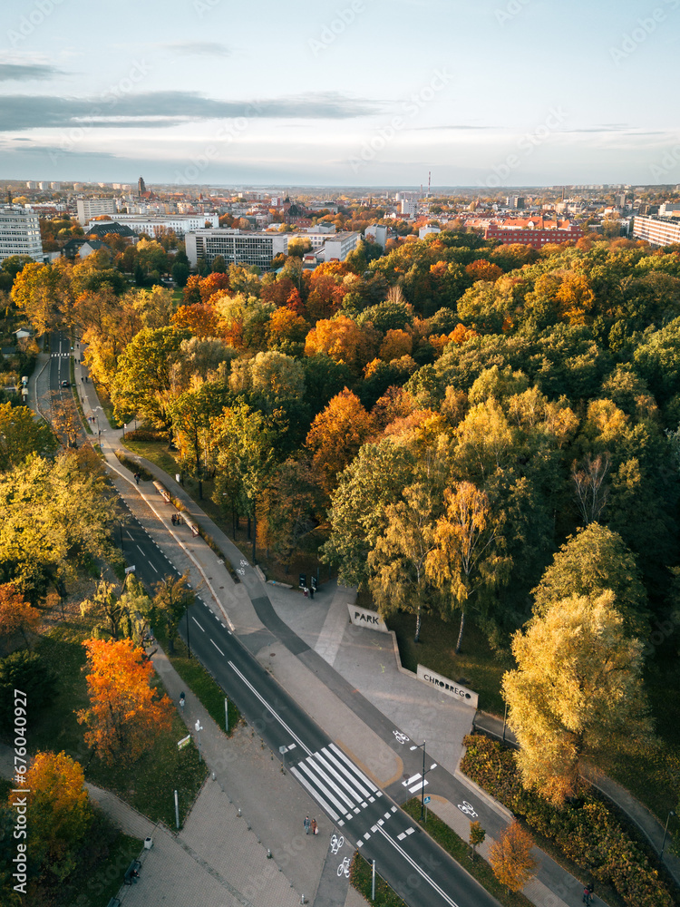 Gliwice Park Chrobrego z powietrza - Zachód Słońca
