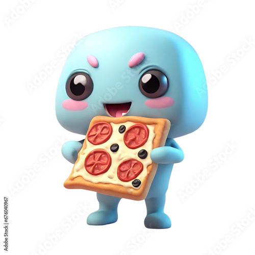 A cartoon character holding a pizza photo