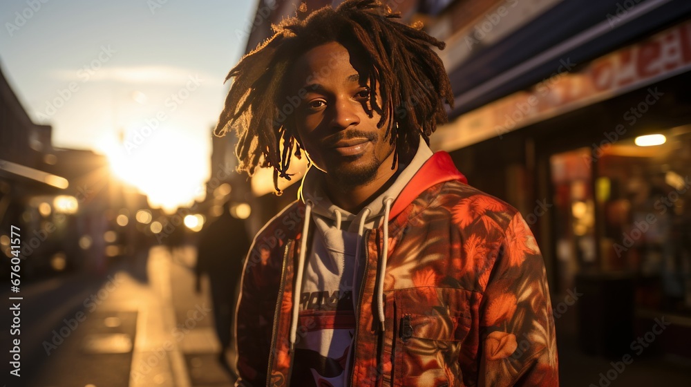 A young black male with curly hair who dresses street style.