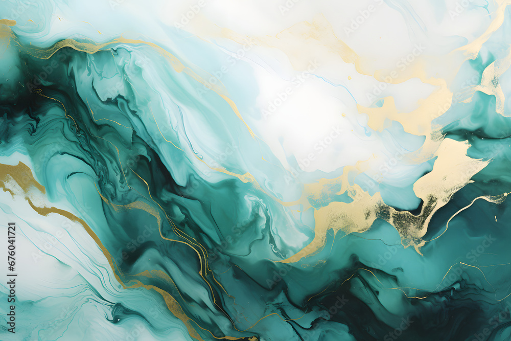 Mosaic. Luxury acrylic fluid art background. Liquid marbled textured pattern ornament with surface wavy lines, gold glitters. Modern decorative ornate trendy design in turquoise gold colors generativ 