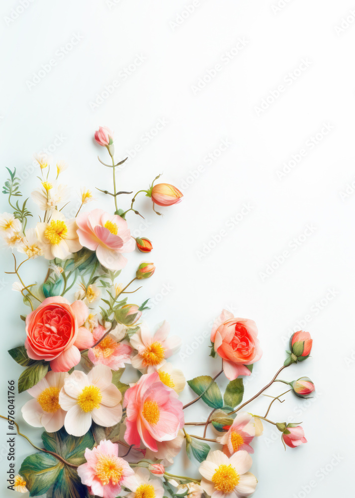 Delicate pastel floral composition on white background. Watercolor bouquet of flower.
