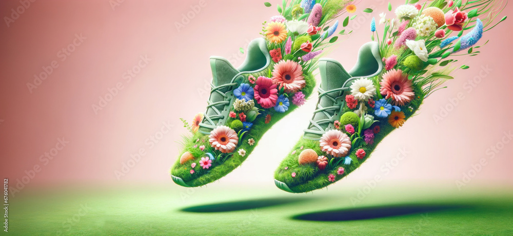 Fashion Sportive Concept of Whimsical Sneakers in Floral Cloudscape