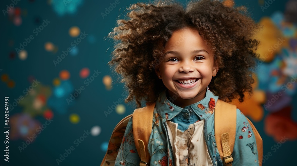 Girl going to school on a blue studio background full of pictures. Girl going to school on a blue studio background full of pictures.
