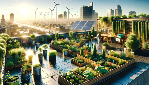 Greener Living: A Rooftop Garden Oasis with Wind Turbines and Solar Panels in the Background, Created with Generative AI Technology photo