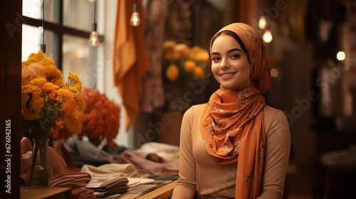 Candid photo of a happy Arab female business owner in a hijab and traditional dress works at her own fashion boutique. The concept of gender equality