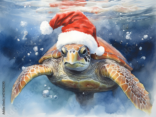 A Watercolor Portrait of a Sea Turtle Dressed Like Santa Claus in a Christmas Setting