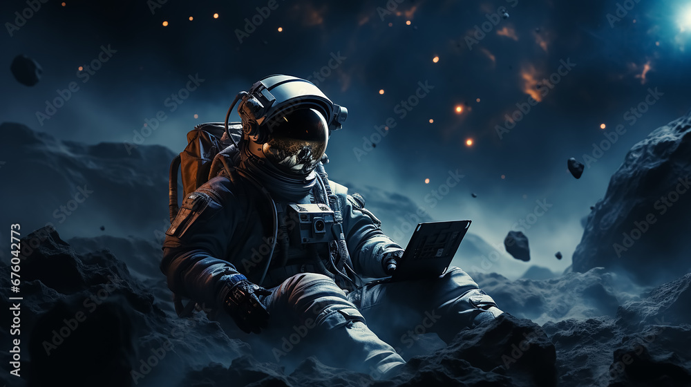 Astronaut in space with a laptop. Banner, copy space.
