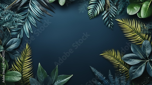 Collection of tropical leaves foliage plant in blue color with space background.