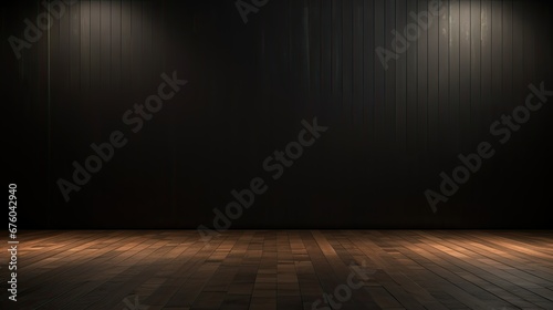 Empty light dark wall with beautiful chiaroscuro and wooden floor. Minimalist background for product presentation © PNG City