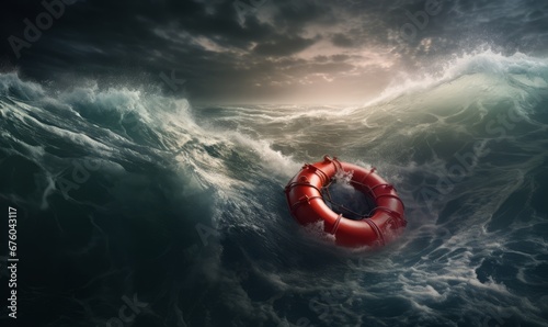 red Lifebuoy floating at sea in storm wave sea