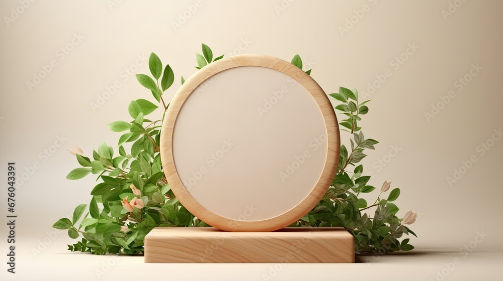Wooden round tray podium with blurry leaves shadow on green background. Product display background concept - obrazy, fototapety, plakaty 