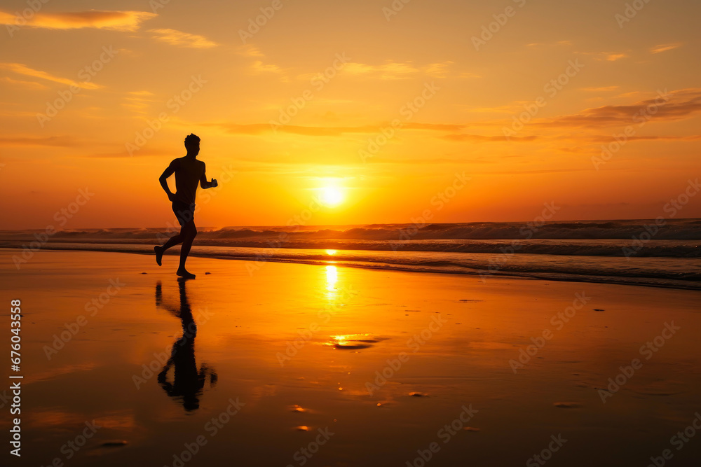 Silhouetted Sprint: Sunset Seaside
