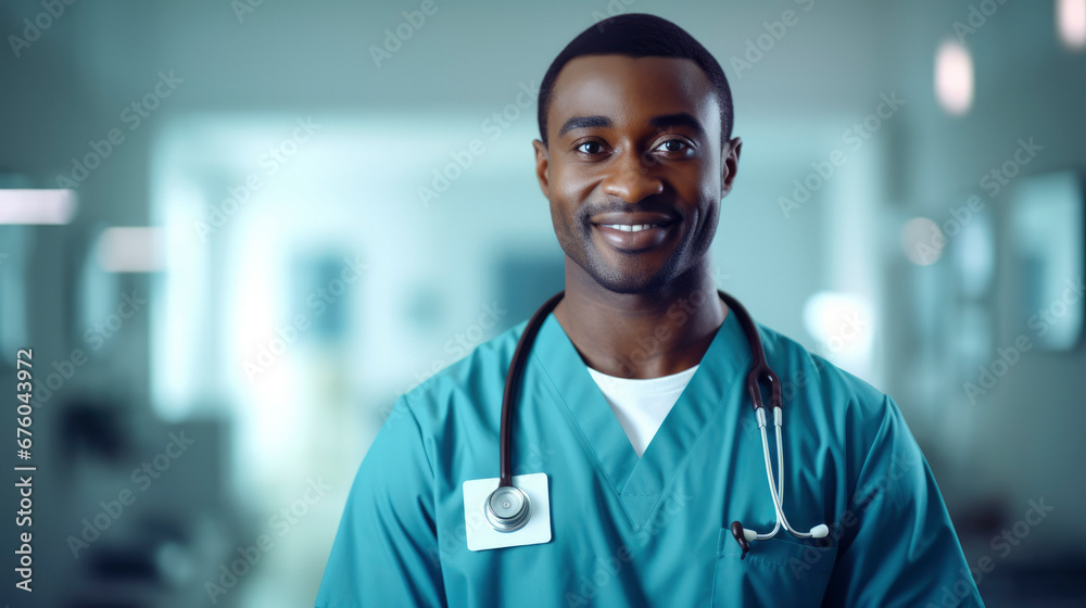 Obraz premium Dark-skinned afro american young male doctor in medical clothing smiles happily and looks at camera. Blurred background of the hospital, office in background. Healthcare concept, medicine