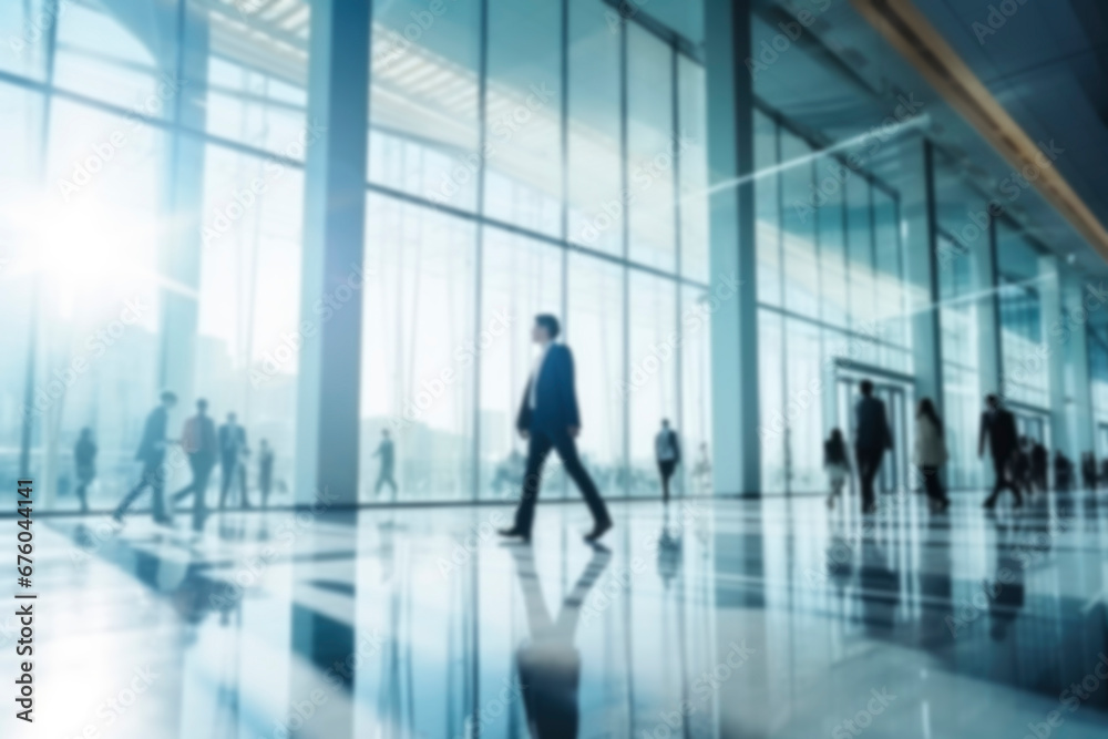 Business concept. Blurred background business people in suits walk in hall of modern glass office, corridor of a business center, shopping center, bank. Abstract bokeh background