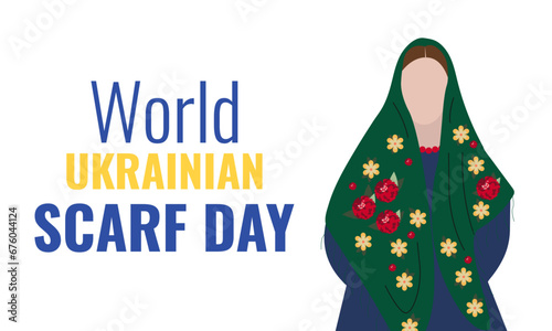 World Ukrainian Scarf Day. Horizontal poster on a white background. Silhouette of a girl in a headscarf