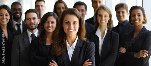 In a professional office setting a successful businesswoman with a happy expression on her face is surrounded by a diverse group of people including a man operating a computer as the whole