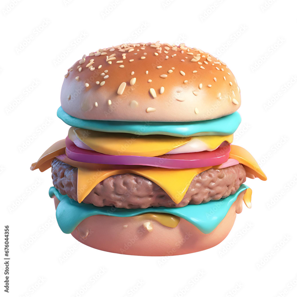A multi colored burger with cheese and meat A multi colored burger with cheese and meat