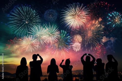 Silhouettes of people and colorful fireworks in the night sky. People take pictures and videos of fireworks lights. Holiday, festival, party, New Year, Christmas. Festive background