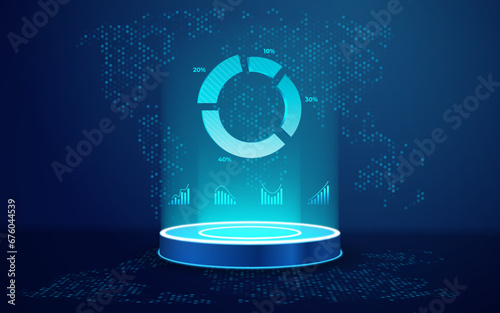 Light blue podium with pie chart. Technology portal with neon circle. Hologram ring diagram above the tech portal on hi tech background with abstract world map consist of hexagons. Finance concept.