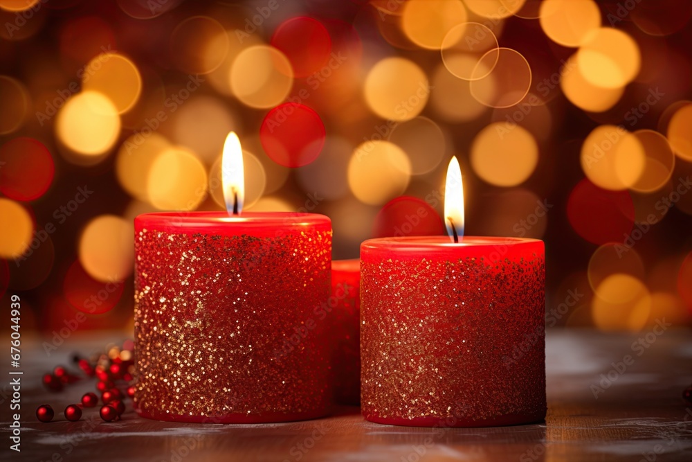 Two candles burning over festive bokeh background. Generative Ai Two candles burning over festive bokeh background. Generative Ai